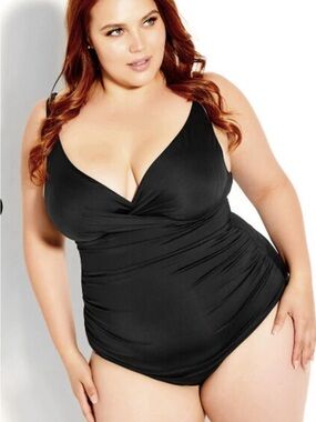 City Chic NWT Size 16 Black Plus Size V-Neck Ruched One-Piece Swimsuit